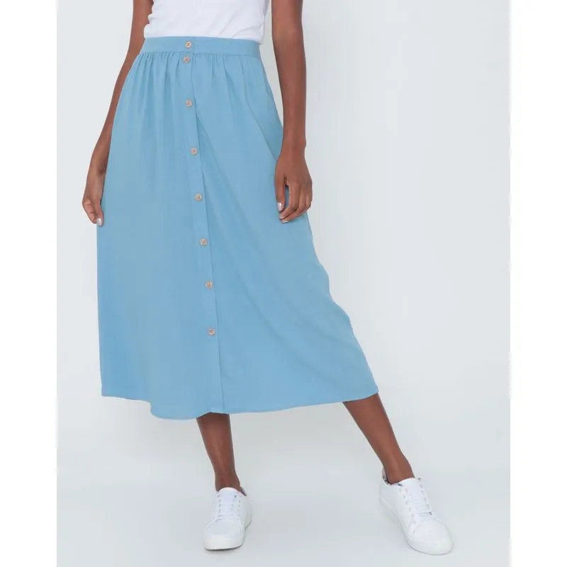 Saia Midi Com Botões Lisa Azul Claro P