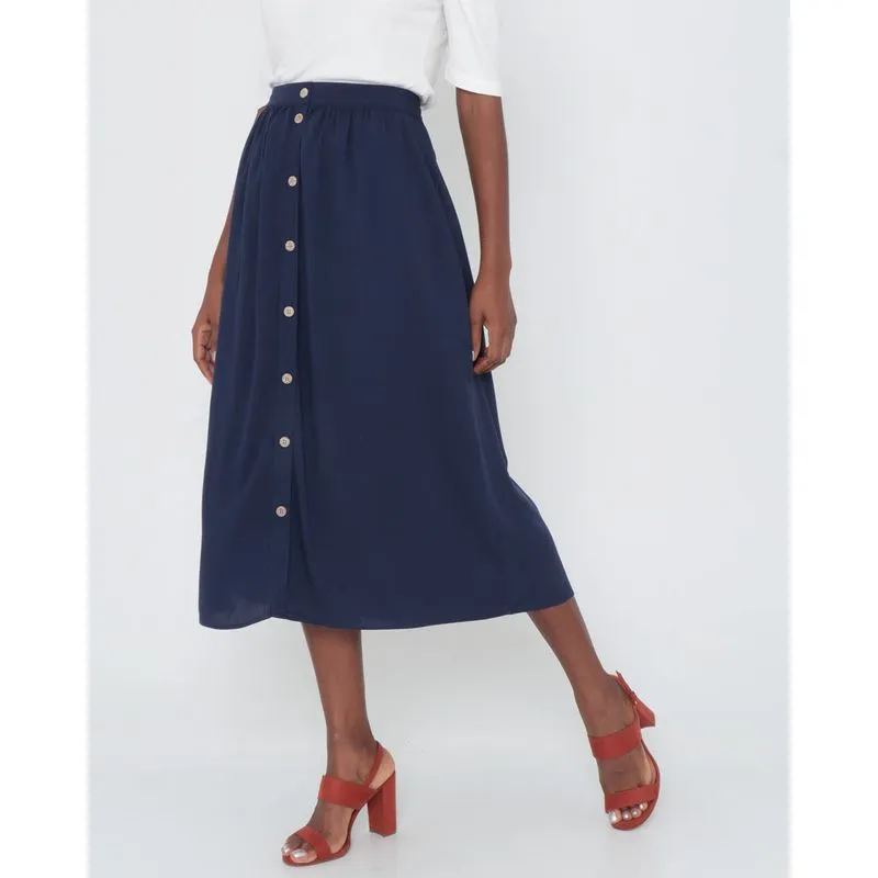 Saia Midi Com Botões Lisa Azul Marinho P