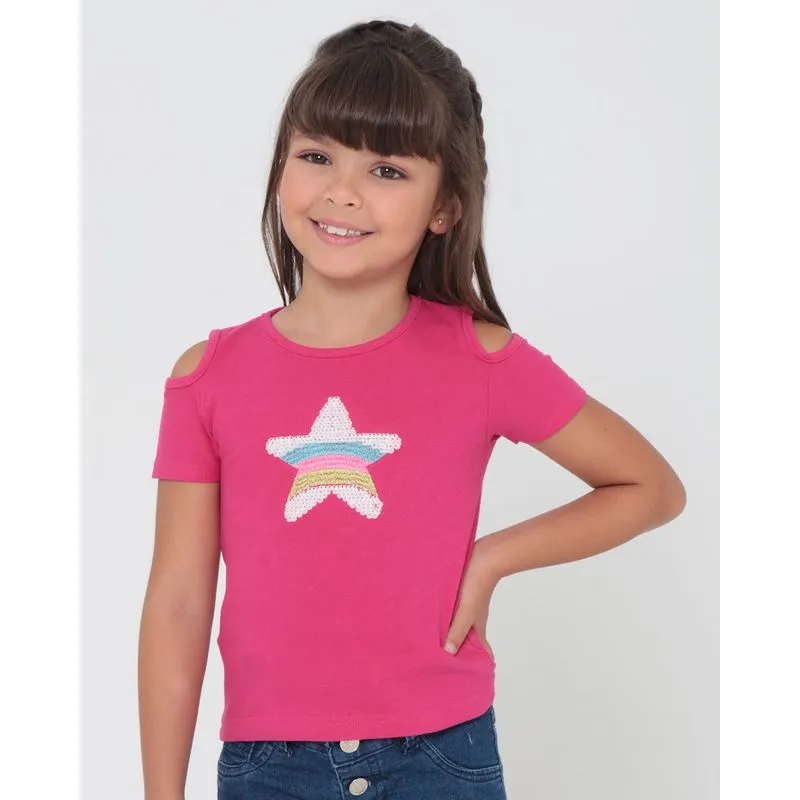Blusa Infantil Open Shoulder Estampa Estrela Rosa 4