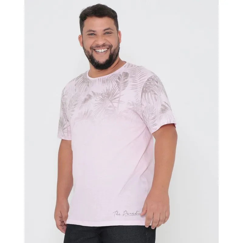 Camiseta Plus Size Estampa Folhas Rosa G2