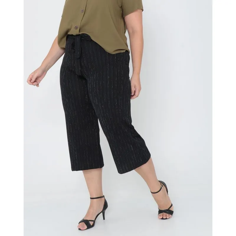 Calça Feminina Pantacourt Plus Size Lurex Preta G2