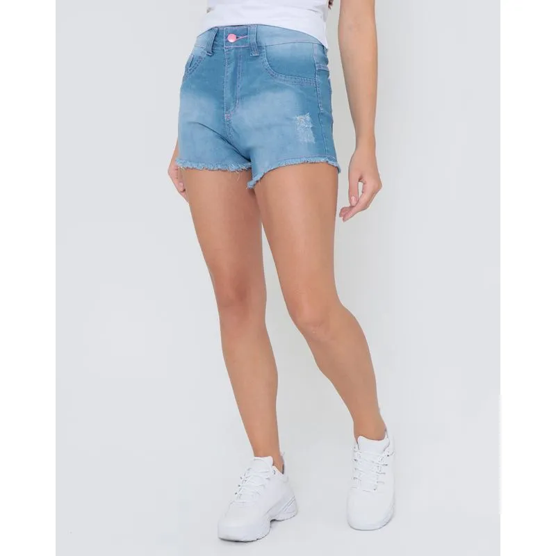 Short Jeans Juvenil Barra Desfiada Com Brilho Azul 14