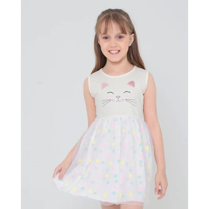 Vestido Infantil Tule Estampa Gato Off White 6