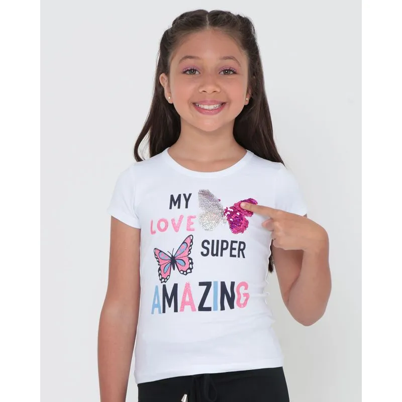 Blusa Infantil Borboletas Paetê Reversível Branca 8