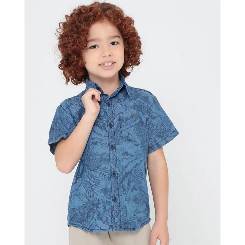 Camisa Jeans Infantil Estampa Folhas Azul 6