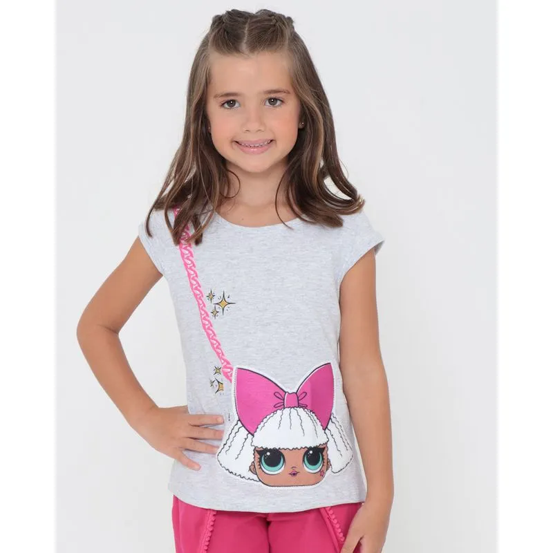 Blusa Infantil Estampa Boneca LOL Glitter Mescla Cinza 8