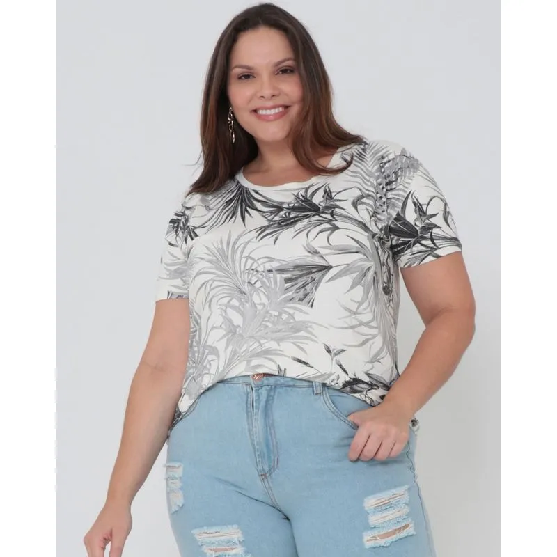 Blusa Plus Size Estampa Folhas Off White G1