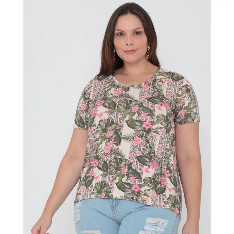 Blusa Plus Size Estampa Floral Bege G2