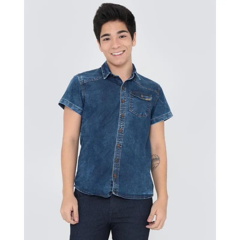 Camisa Jeans Juvenil Básica Azul Escuro 12