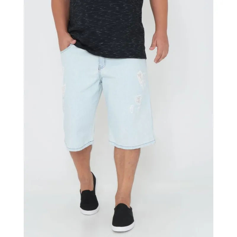 Bermuda Jeans Masculina Plus Size Delavê Azul Claro 52