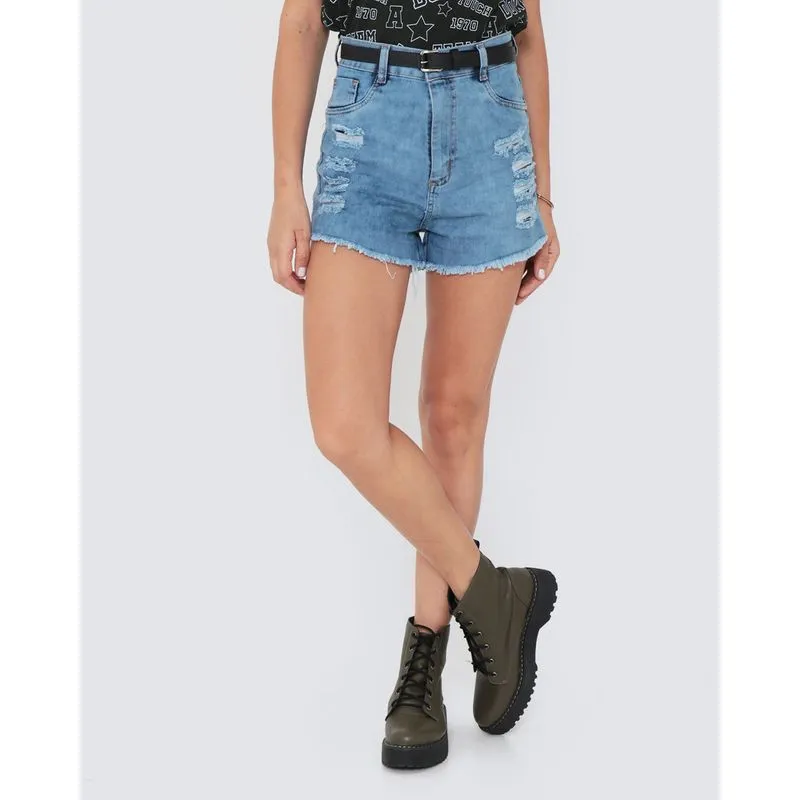 Short Jeans Cintura Super Alta Puídos Azul 44