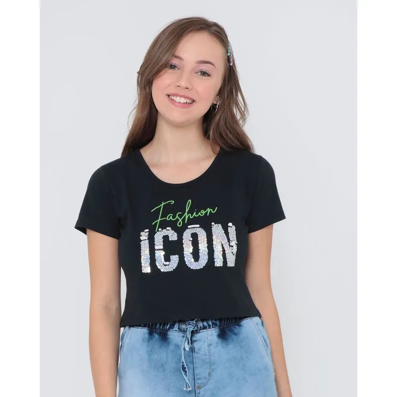 Blusa Juvenil Cropped Paetê Reversível Preta 10