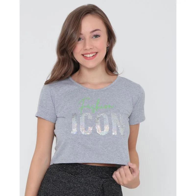 Blusa Juvenil Cropped Paetê Reversível Cinza 14