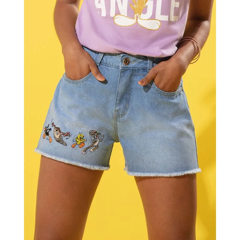 Short Jeans Looney Tunes Mom Azul Claro 42
