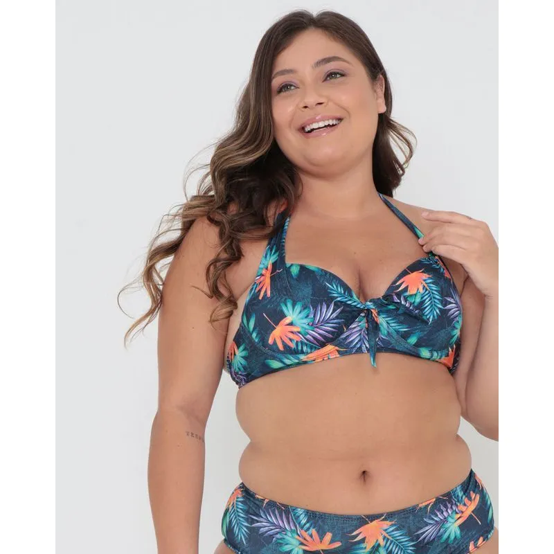 Biquíni Avulso Plus Size Estampa Folhas Azul Marinho 48