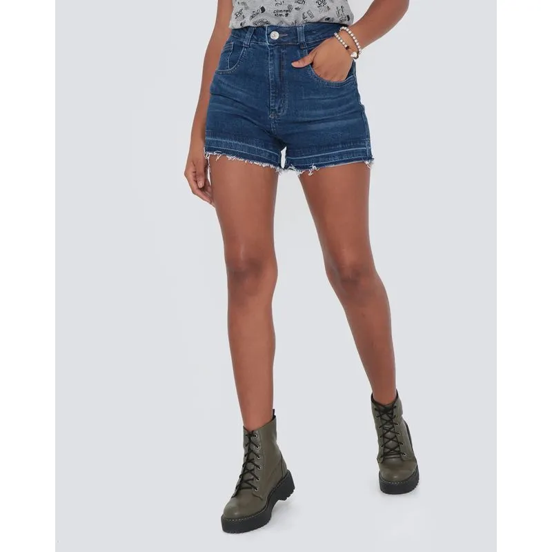 Short Jeans Com Barra Desfiada Azul Escuro 40