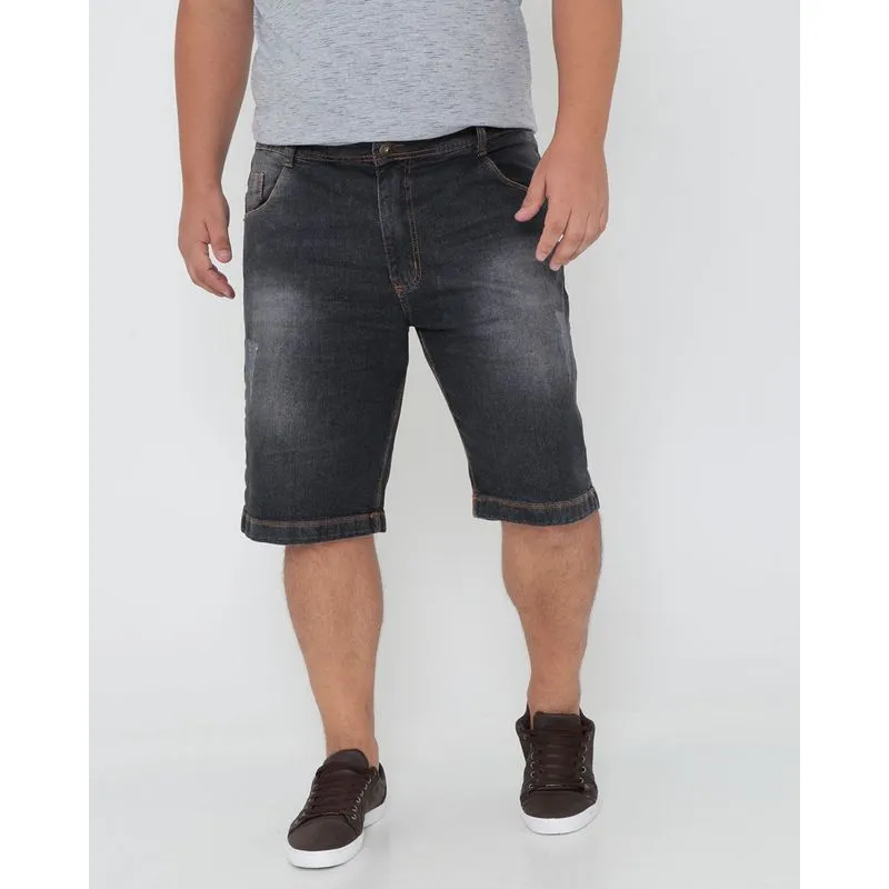 Bermuda Jeans Masculina Plus Size com Puídos Preta 50