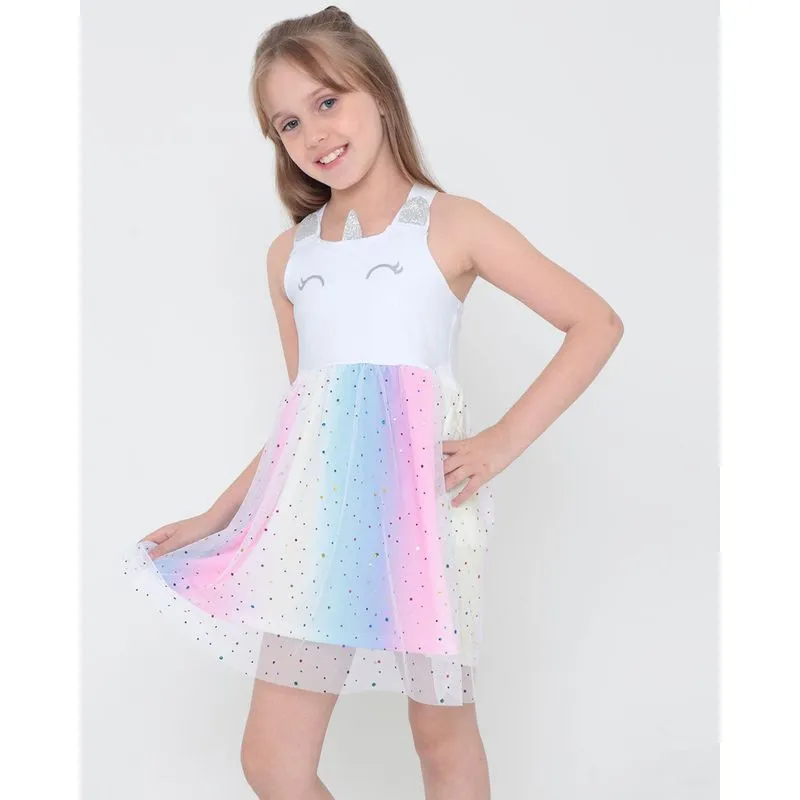 Vestido Infantil Unicórnio Tule Multicolorido Branco 6