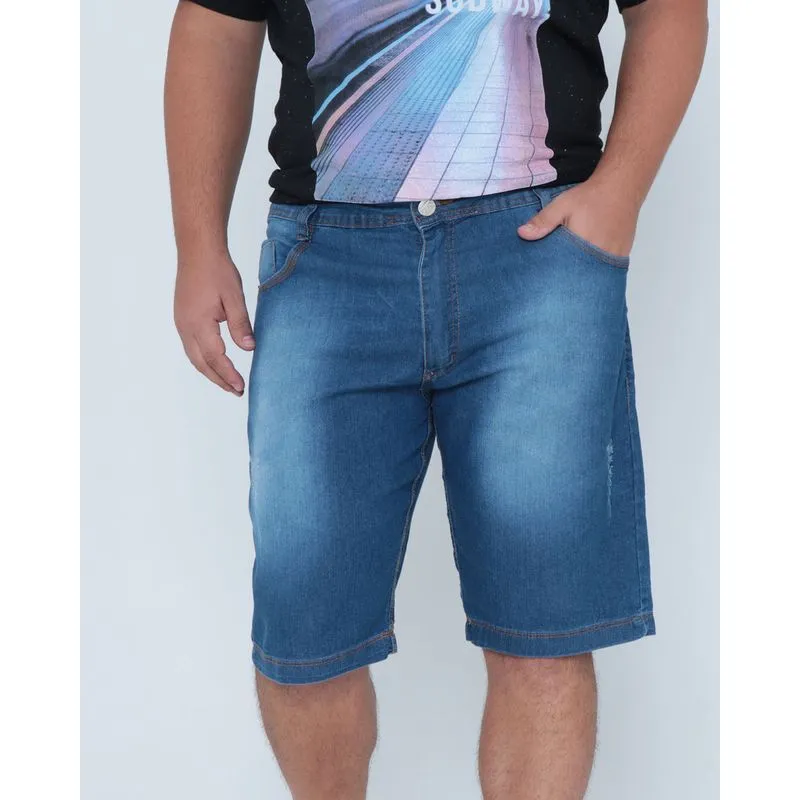 Bermuda Jeans Masculina Plus Size com Puídos Azul 48