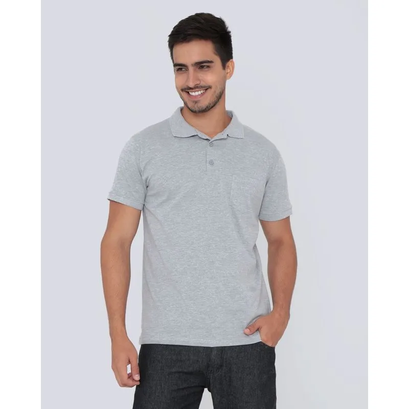 Polo Masculina Bolso Básica Mescla Cinza P