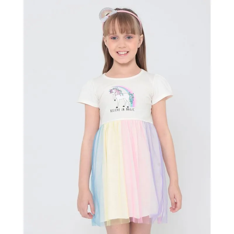 Vestido Infantil Unicórnio Acompanha Tiara Bege Claro 4