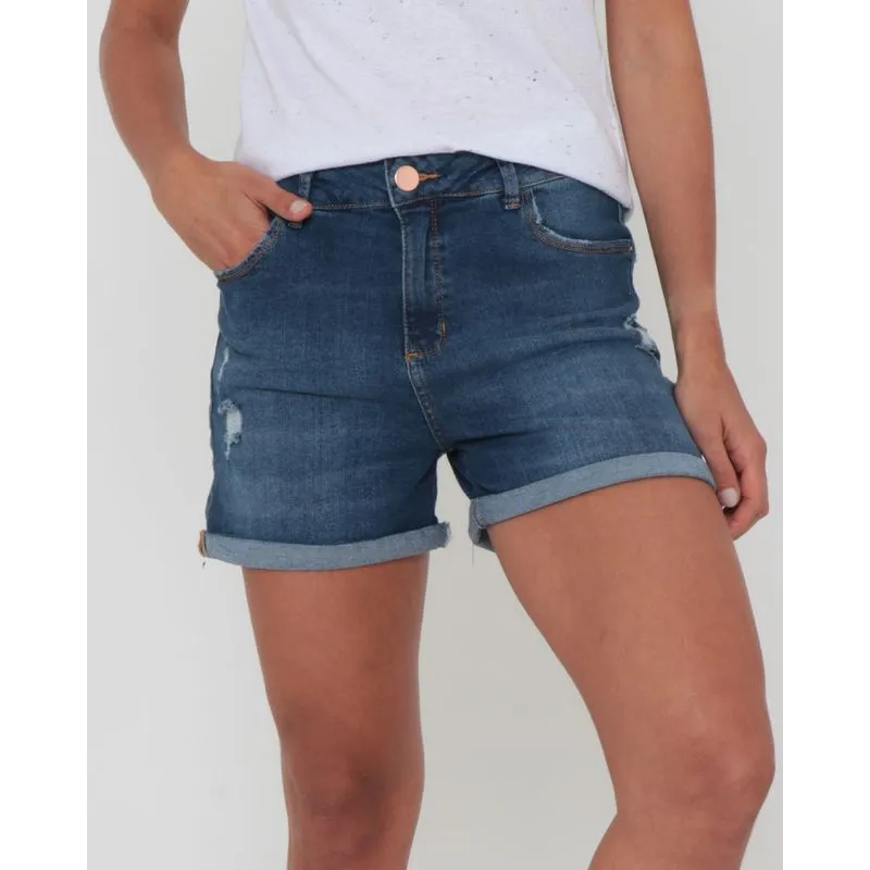 Short Jeans Com Puídos e Barra Dobrada Azul Escuro 42