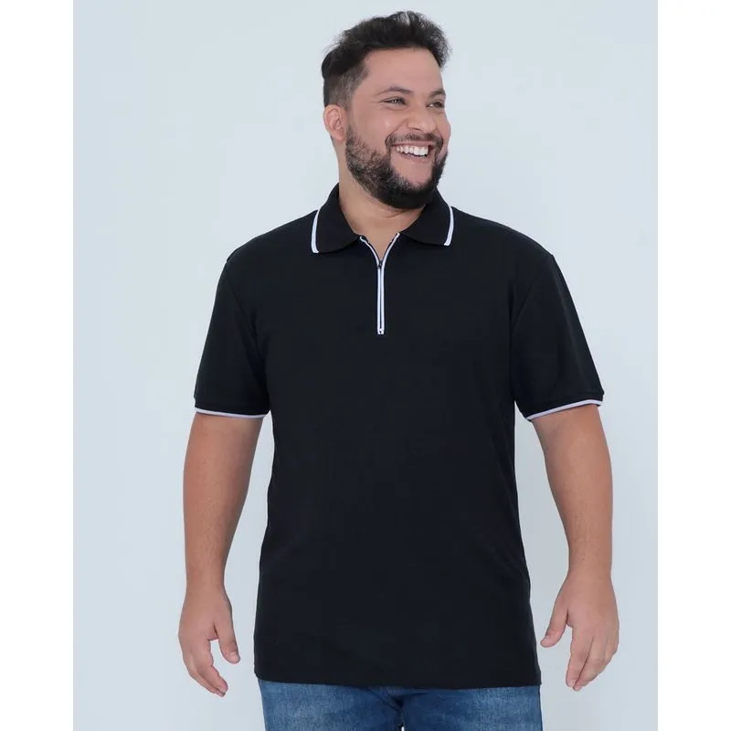 Polo Plus Size Masculina Zíper Piquet Preta G2