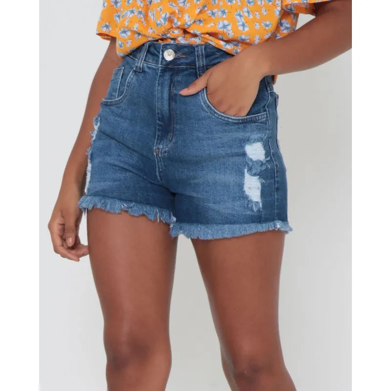 Short Jeans Feminino Destroyed Azul 40