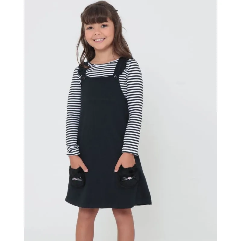 Salopete Infantil Com Blusa Listrada Bolso Gatinhos Preta 4