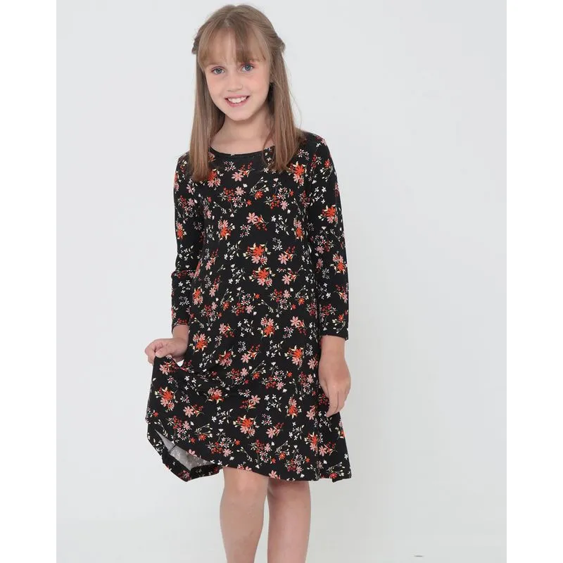 Vestido Infantil Estampa Floral Preto 10