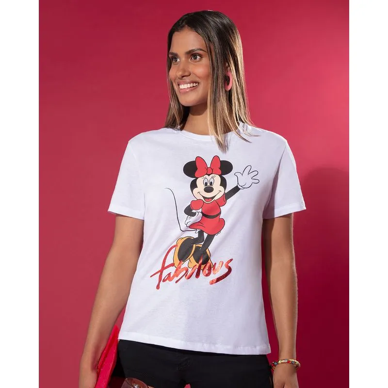 Camiseta Feminina Algodão Disney Minnie Manga Curta Branca P