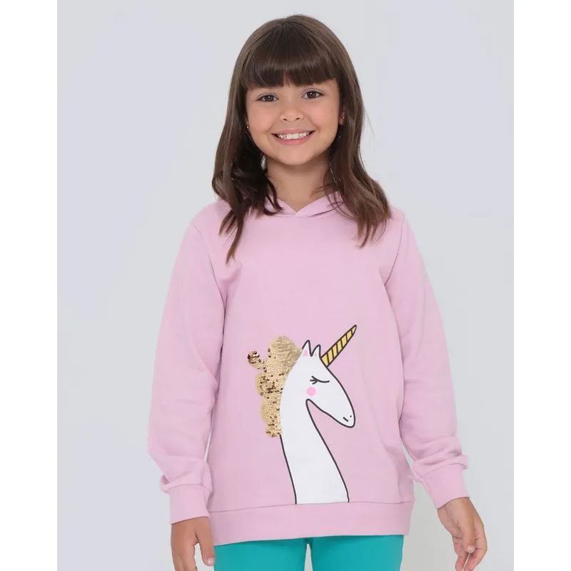 Blusa de Moletom Infantil Unicórnio Paetê Reversível Rosa 10