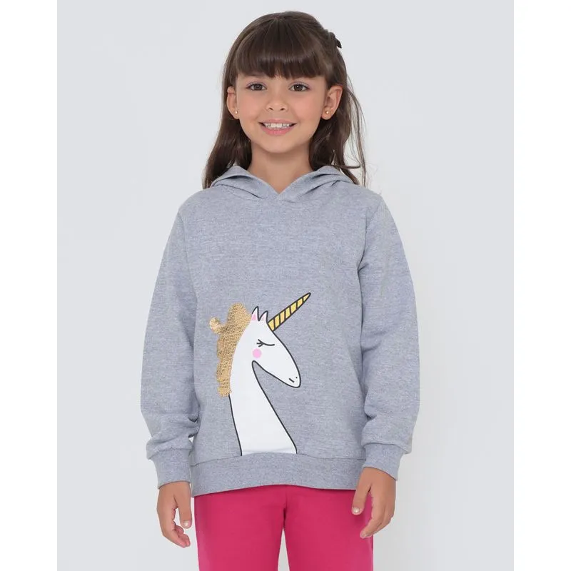 Blusa de Moletom Infantil Unicórnio Paetê Reversível Cinza 6