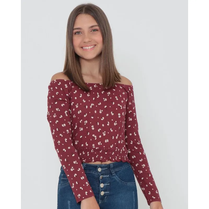 Blusa Juvenil Ciganinha Lastex Floral Vinho 10