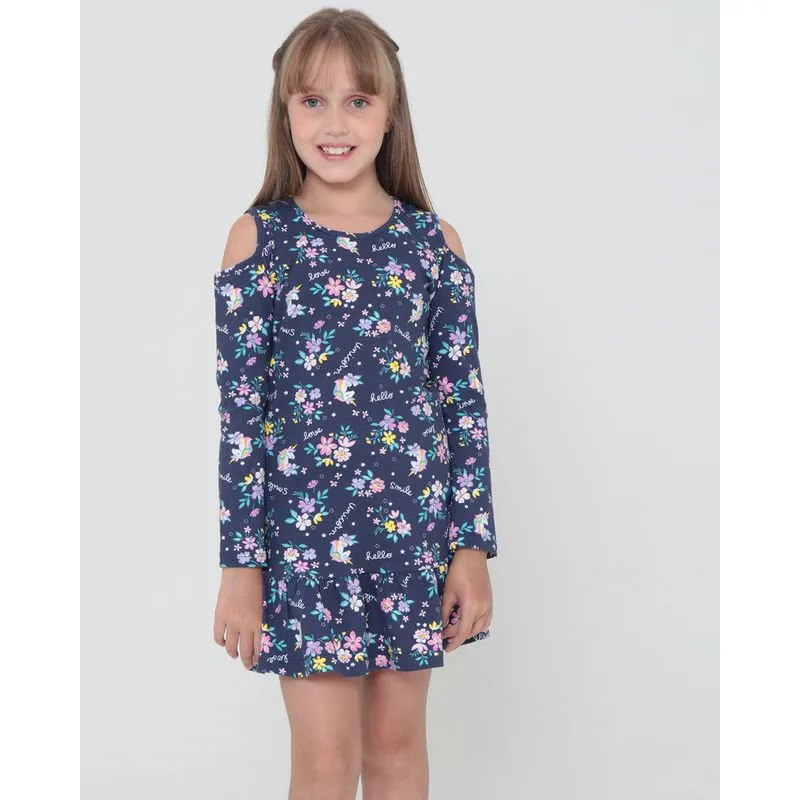 Vestido Infantil Estampa Floral Open Shoulder Azul Marinho 4