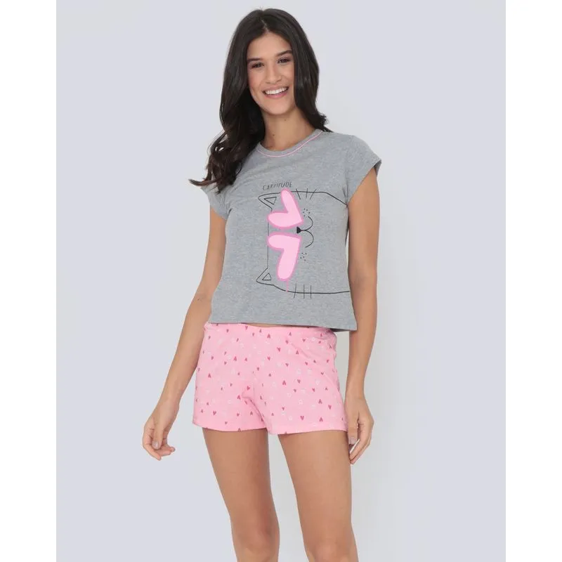 Pijama Feminino Manga Curta Gatinho Cinza P