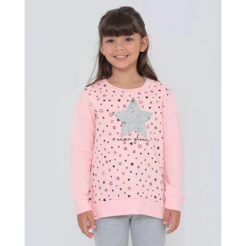 Blusa de Moletom Infantil Estrela Paetê Rosa 8