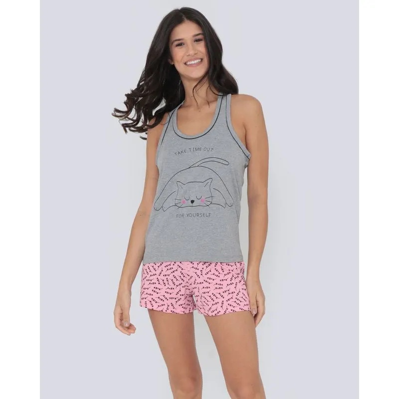 Pijama Feminino Regata Nadador Gatinho Mescla Cinza M