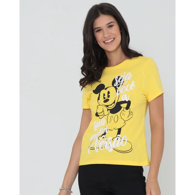 Camiseta Feminina Algodão Disney Mickey Manga Curta Amarela M