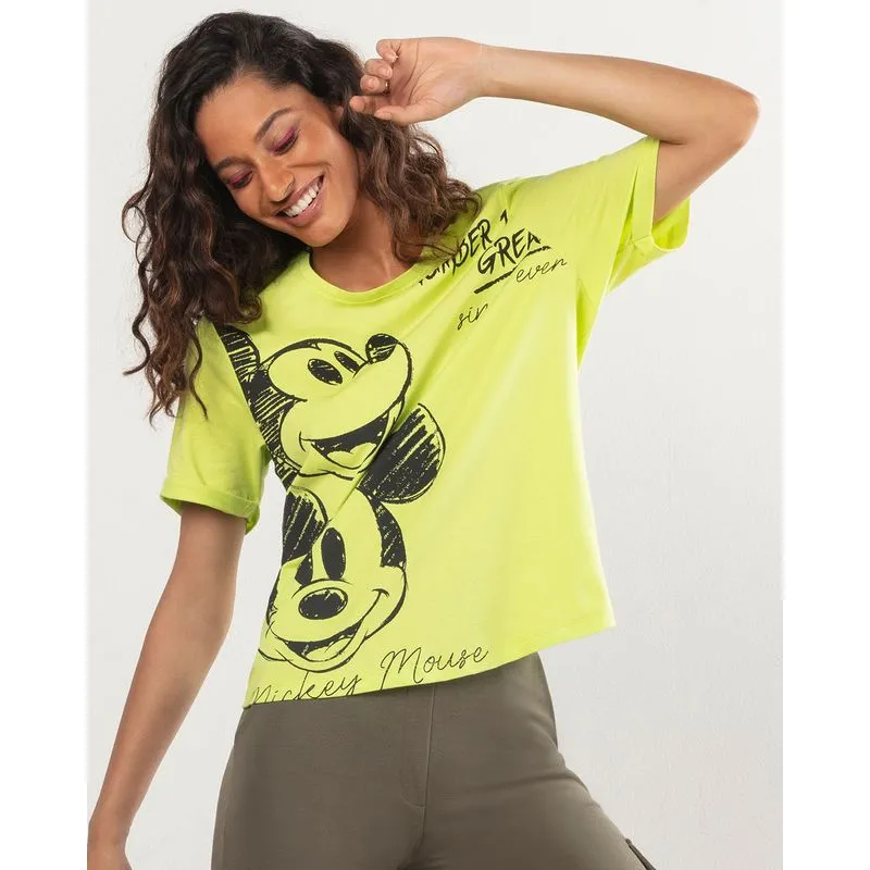 Camiseta Feminina Disney Mickey Manga Curta Neon Verde G