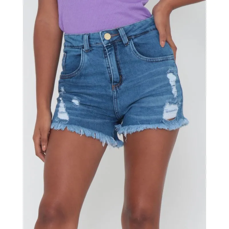 Short Jeans Feminino Destroyed Azul 44