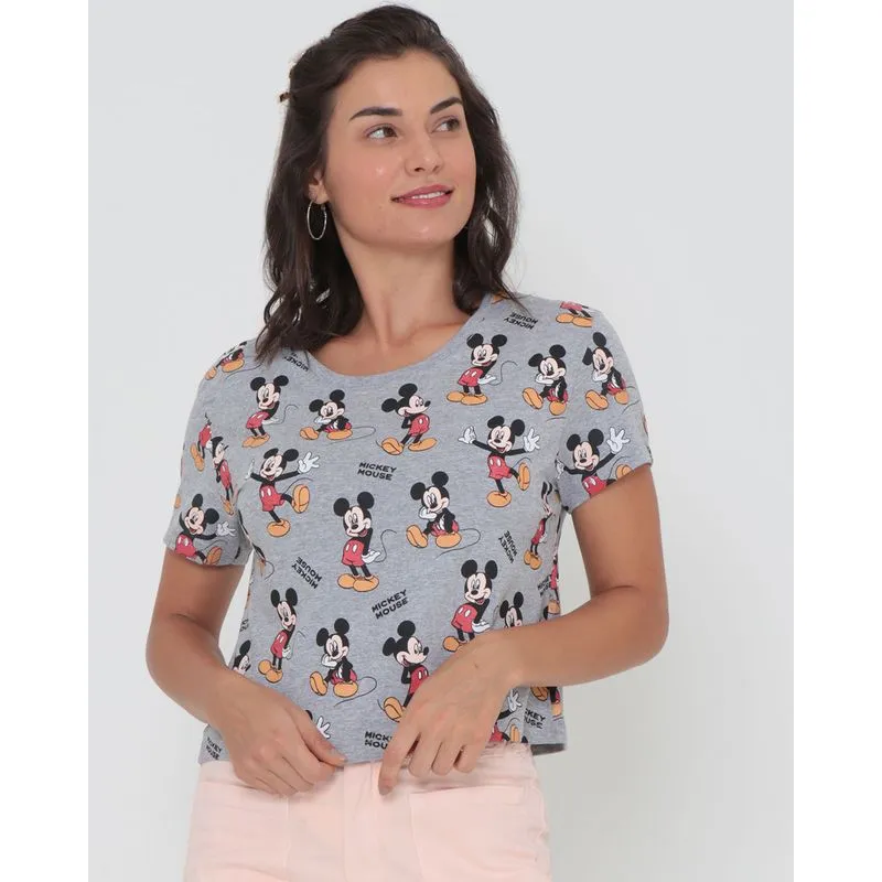 Camiseta Feminina Cropped Disney Mickey Manga Curta Cinza M
