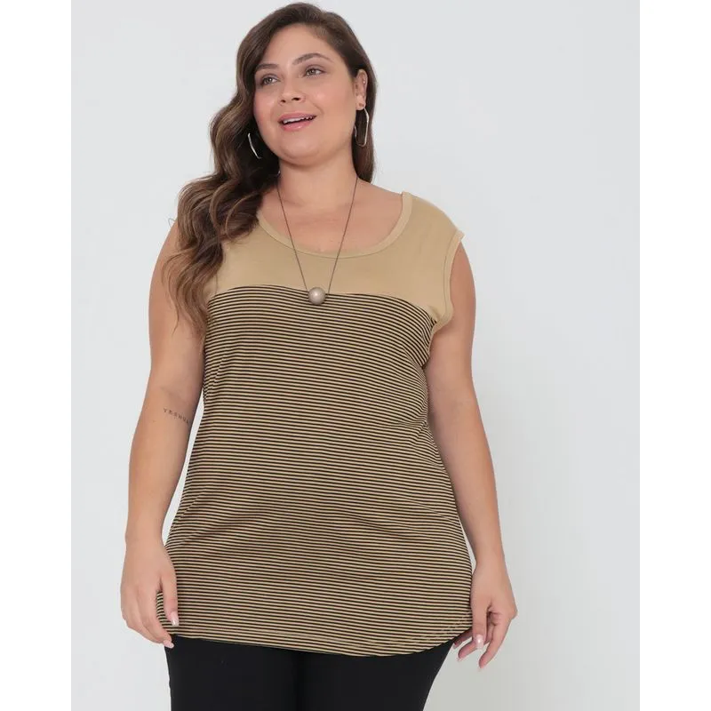 Regata Feminina Plus Size Listras Bege G3