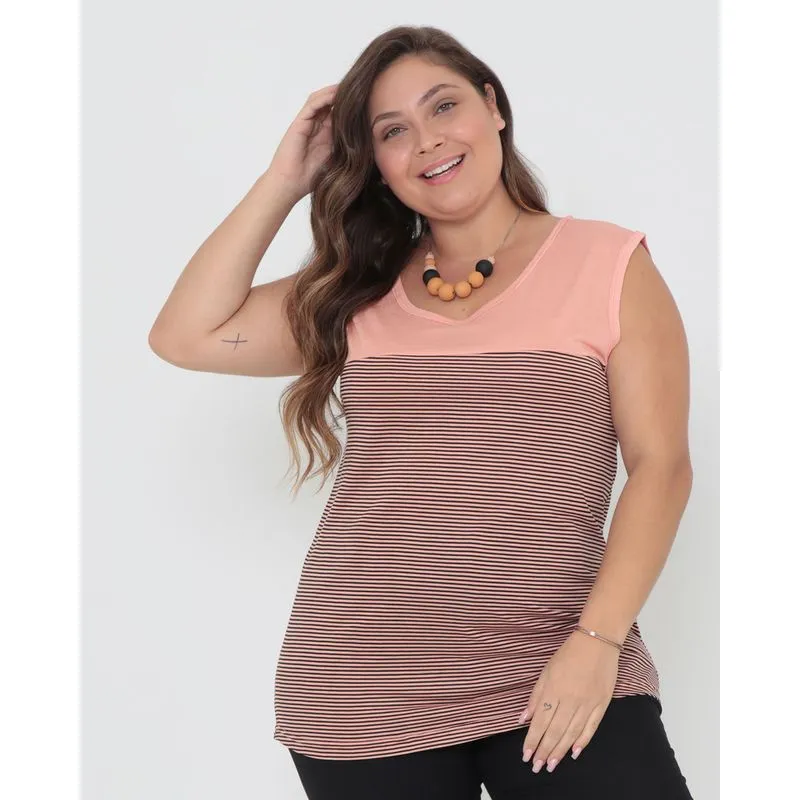 Regata Feminina Plus Size Listras Rosa G3