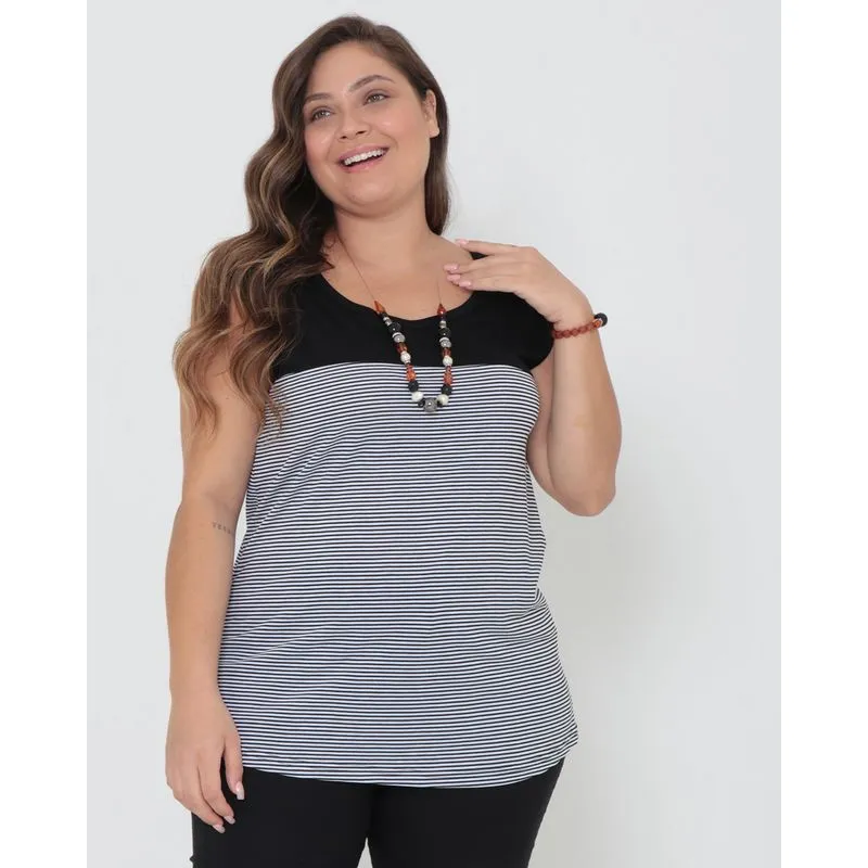 Regata Feminina Plus Size Listras Preta G1
