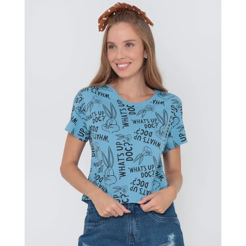 Blusa Cropped Estampa Pernalonga Looney Tunes Azul G