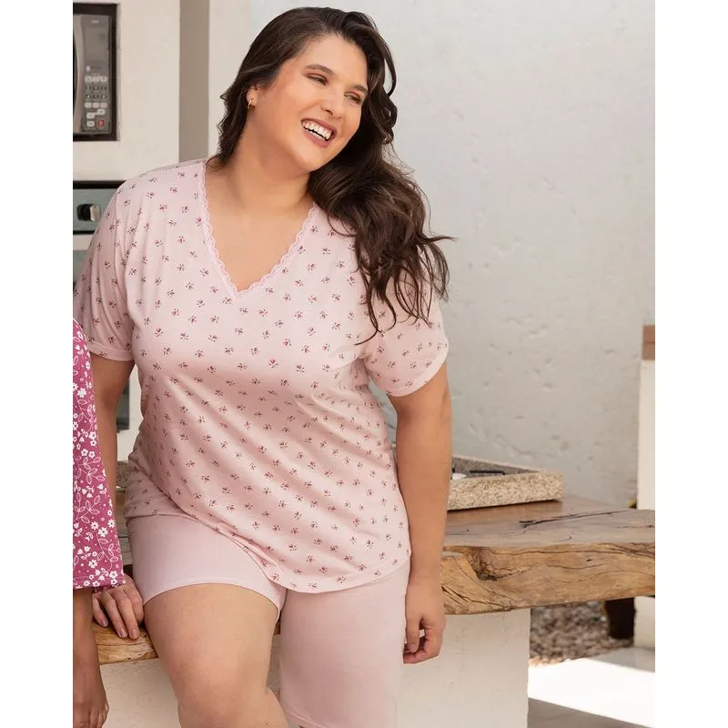 Pijama Feminino Plus Size Floral Com Renda Rosa Claro G2