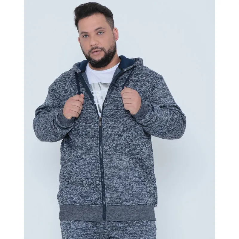 Casaco Moletom Plus Size com Capuz Rajado Mescla Azul Marinho G2