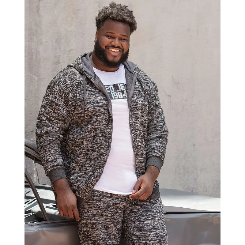 Casaco Moletom Plus Size Com Capuz Rajado Mescla Cinza G2