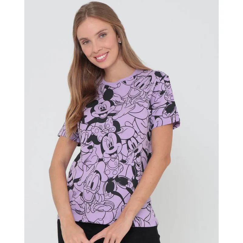 Camiseta Feminina Algodão Disney Mickey Manga Curta Lilás GG